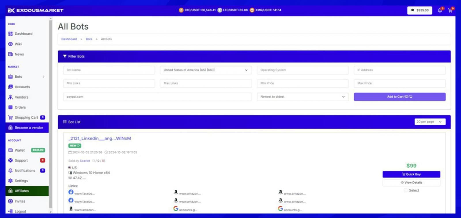 Exodus Market – informacijos stealer žurnalų kanalas, kuriame galima ieškoti