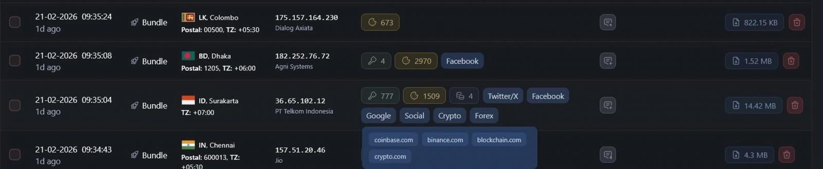 暗号資産取引所ヒットを含むログエントリ