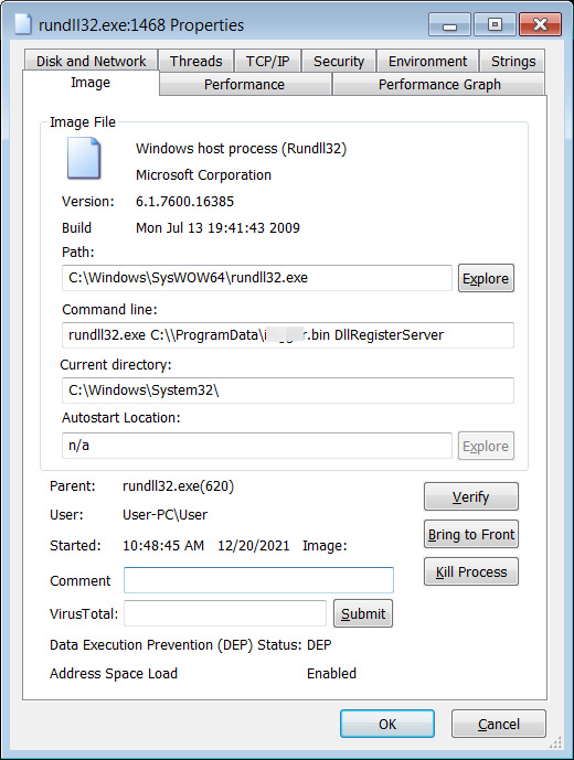 Rundll loading the Dridex DLL in Windows