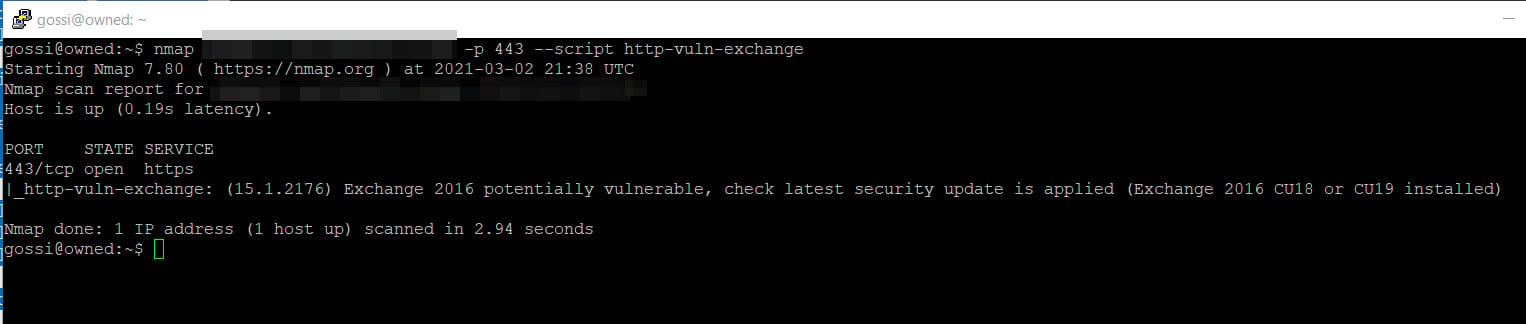 Nmap script showing potentially vulnerable Microsoft Exchange server