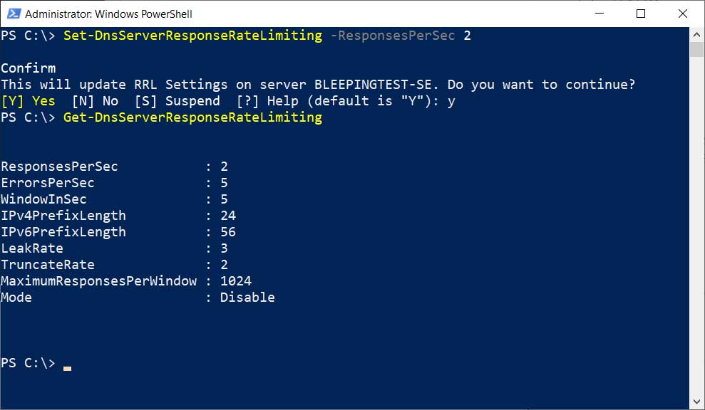 Set-DnsServerResponseRateLimiting command