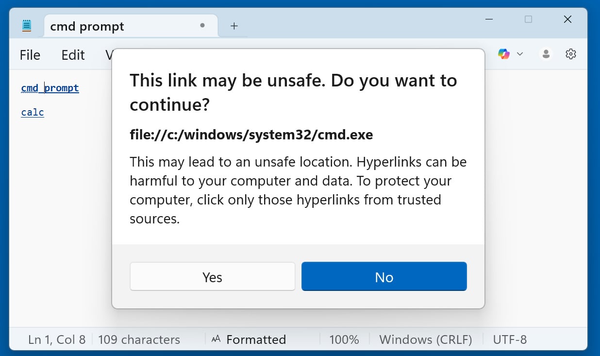 Windows 11 Notepad displays a warning when opening non-standard URLs