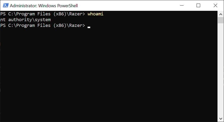 PowerShell prompt with SYSTEM privileges Razer 