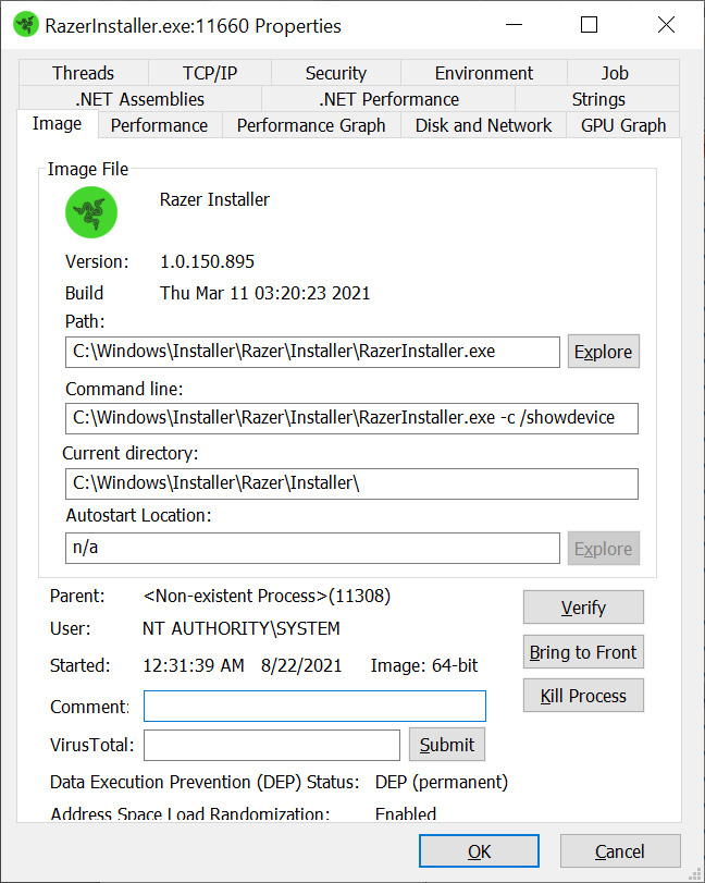 RazerInstaller.exe running with SYSTEM privileges