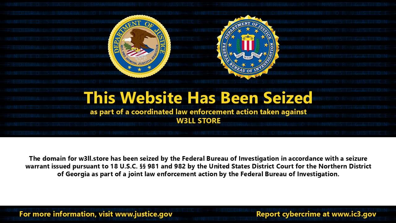 Seizure banner shown on the W3LL Store site