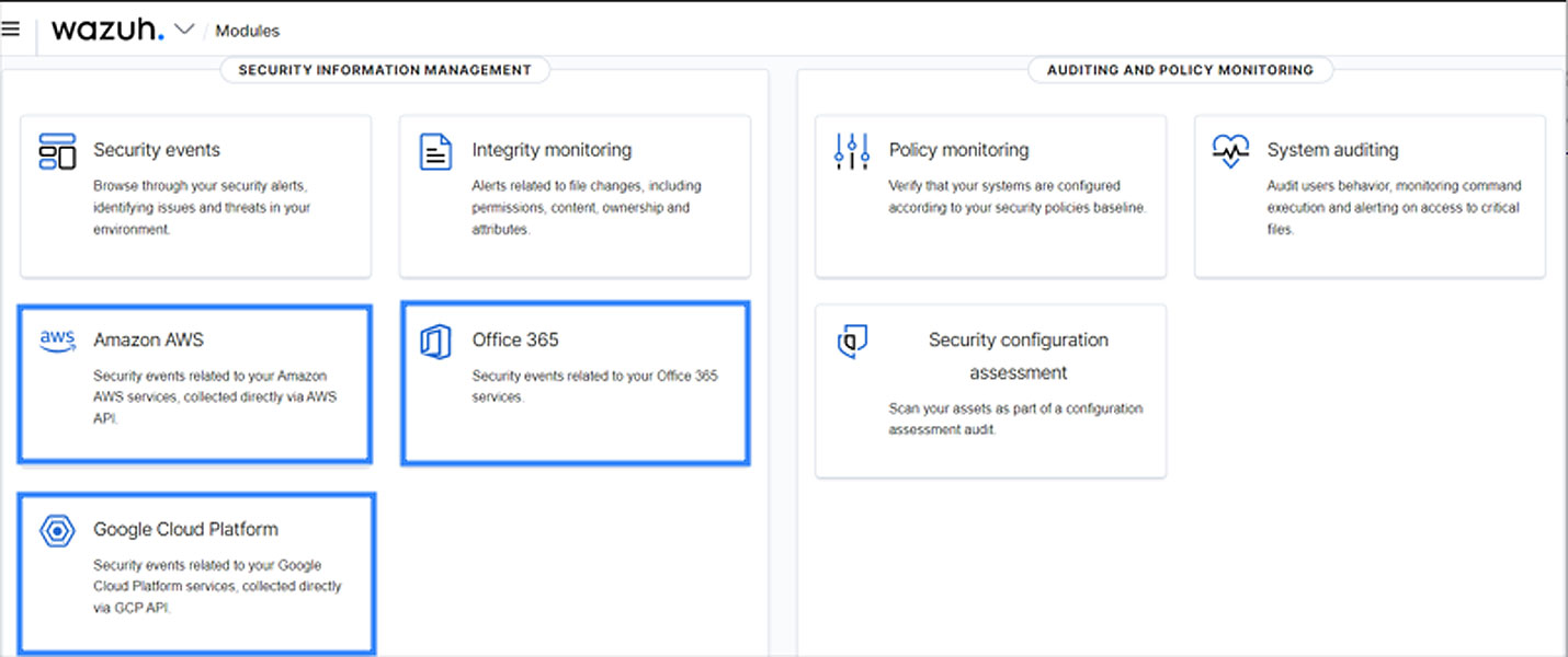 Panel de control de Wazuh que muestra los módulos de Amazon AWS, Google Cloud Platform y Office 365