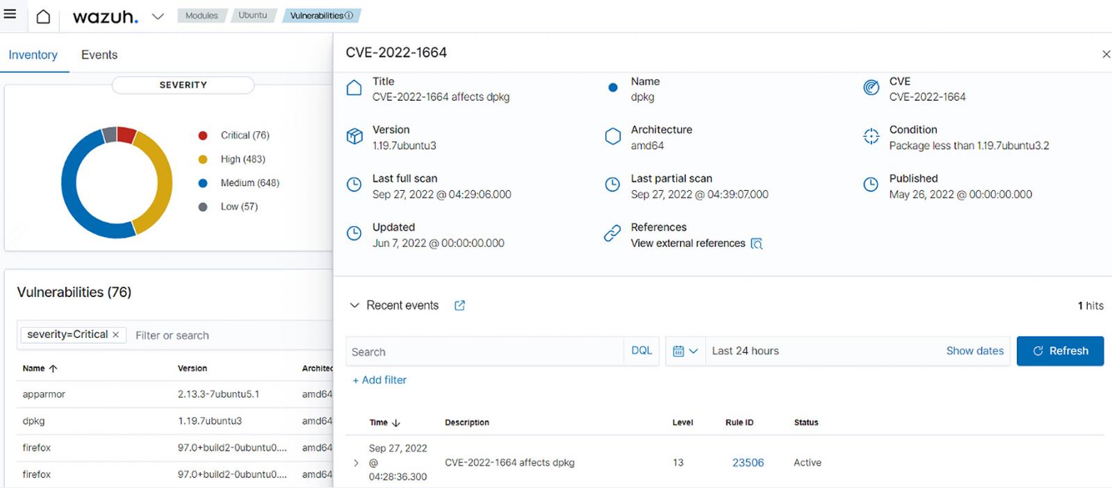 Wazuh dashboard showing the vulnerability report of a monitored endpoint.