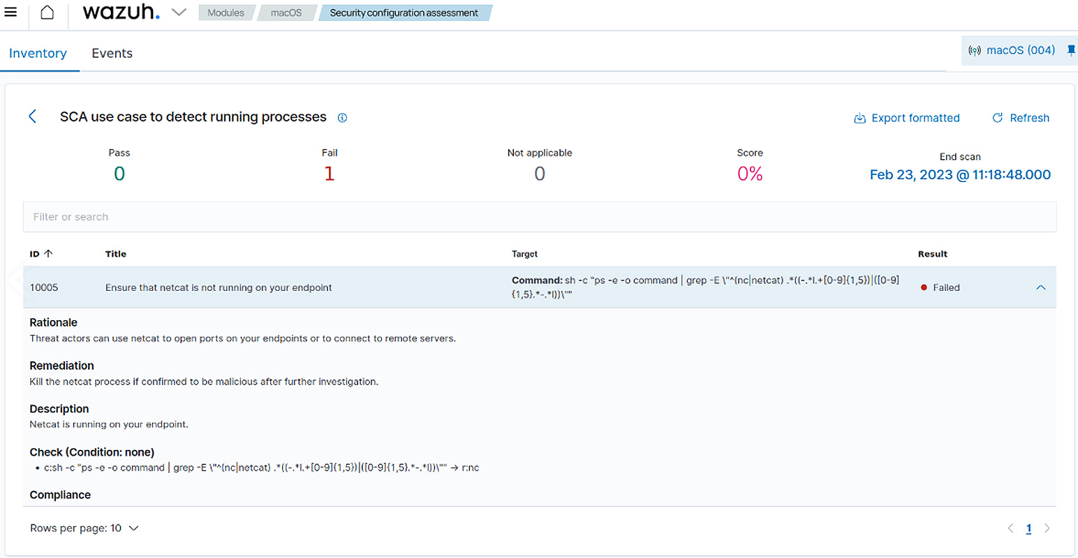 SCA scan result shows that netcat is running on a macOS endpoint.