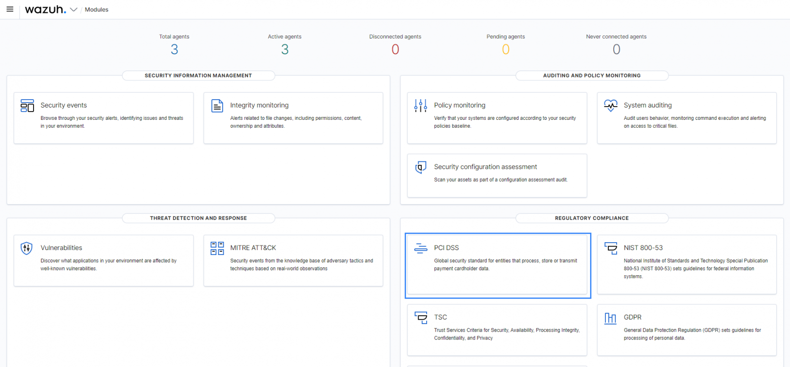 図 1: PCI DSS 準拠モジュールを示す Wazuh ダッシュボード。