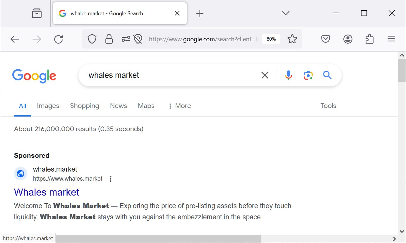 Whales Market phishing ads in Google