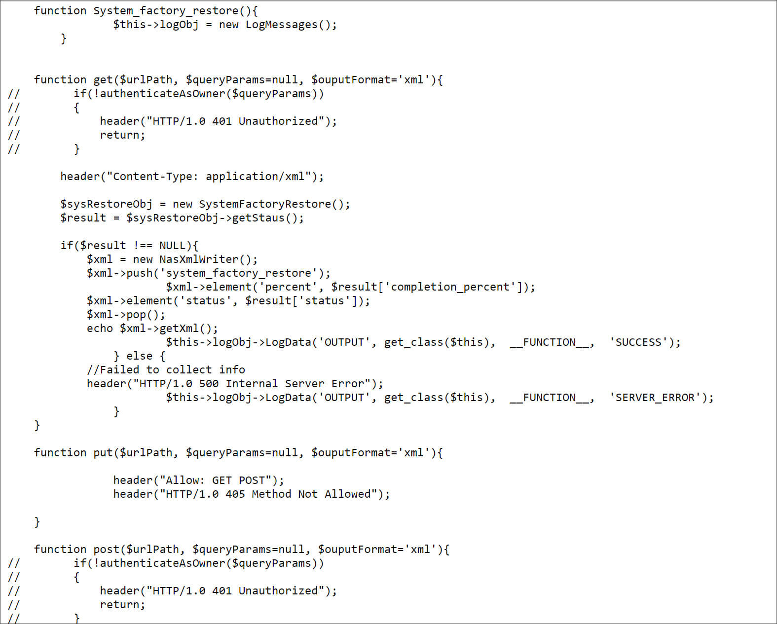 Commented out authentication checks when issuing a factory reset