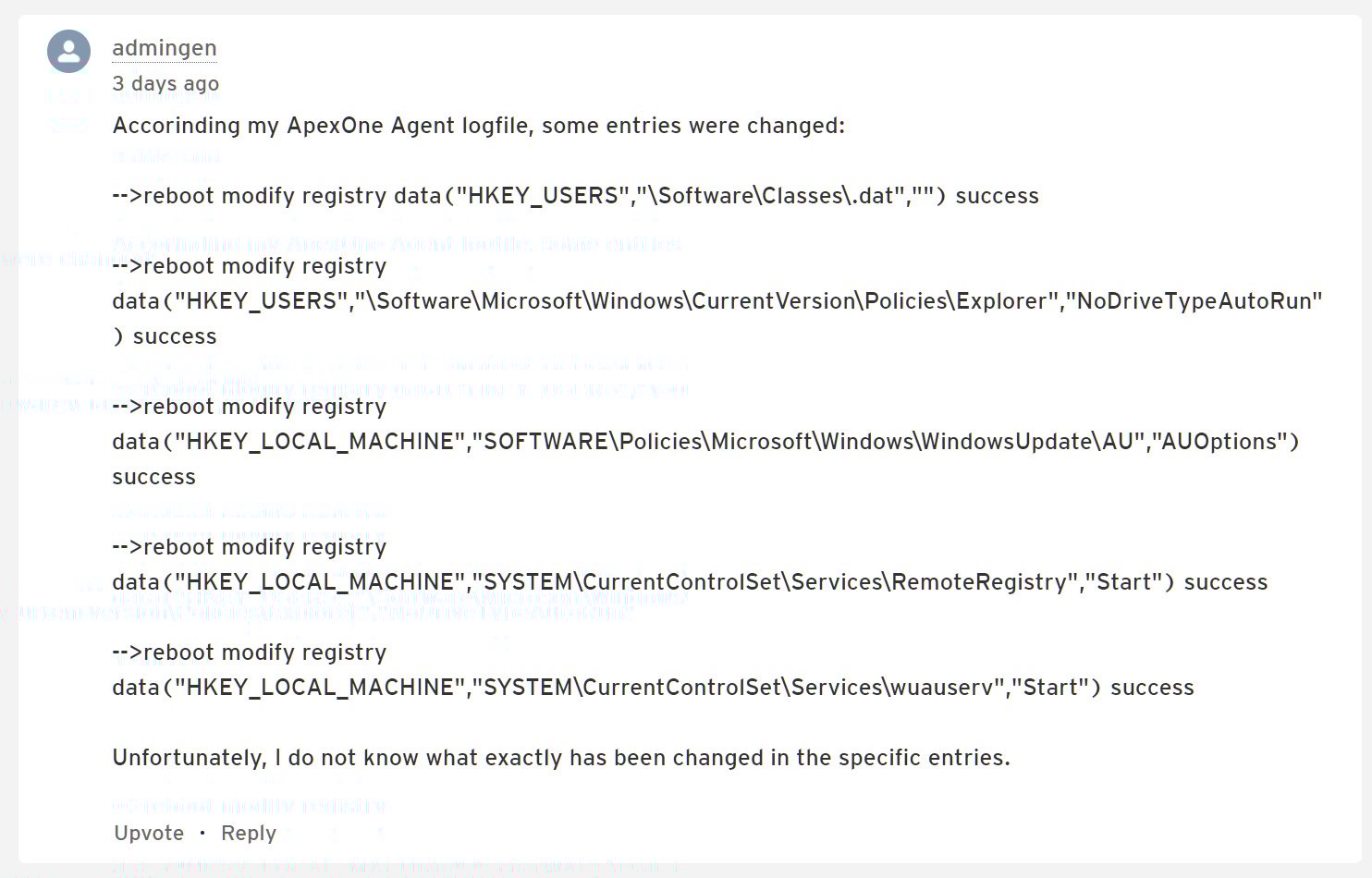 Widnows Registry changes seen by Trend Micro customer