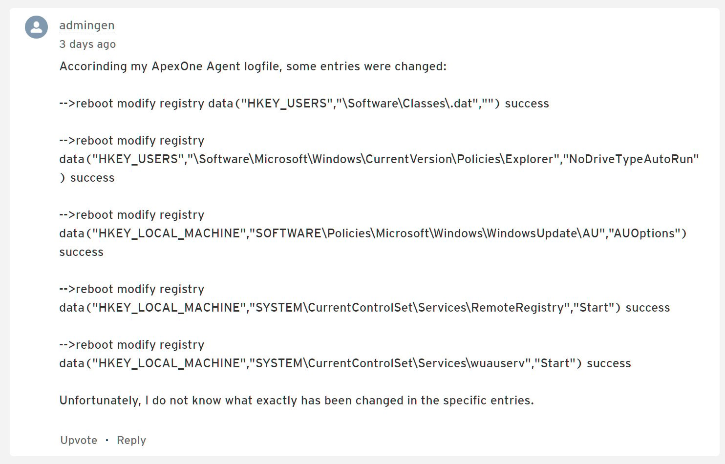 Widnows Registry changes seen by Trend Micro customer