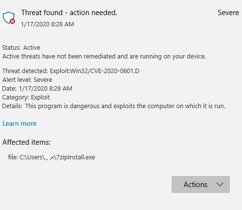 Windows Defender detected CVE-2020-0601