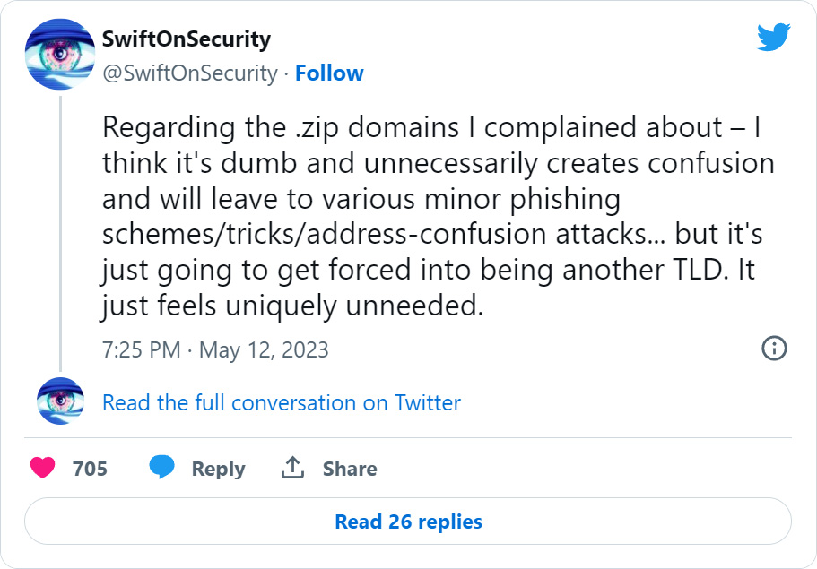 Tweet on SwiftOnSecurity