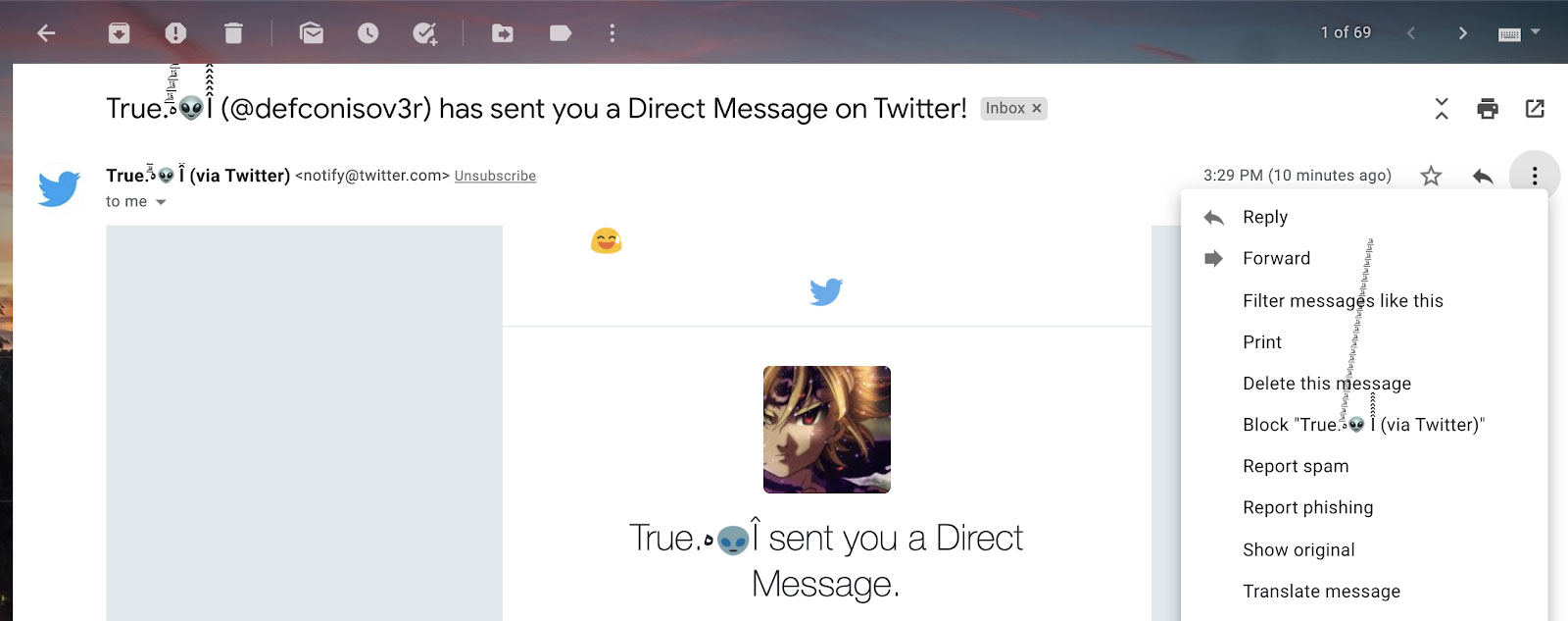 Unicode character affecting Gmail user interface