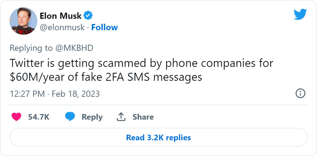 Elon Musk saying they $60 million a year to SMS 2FA