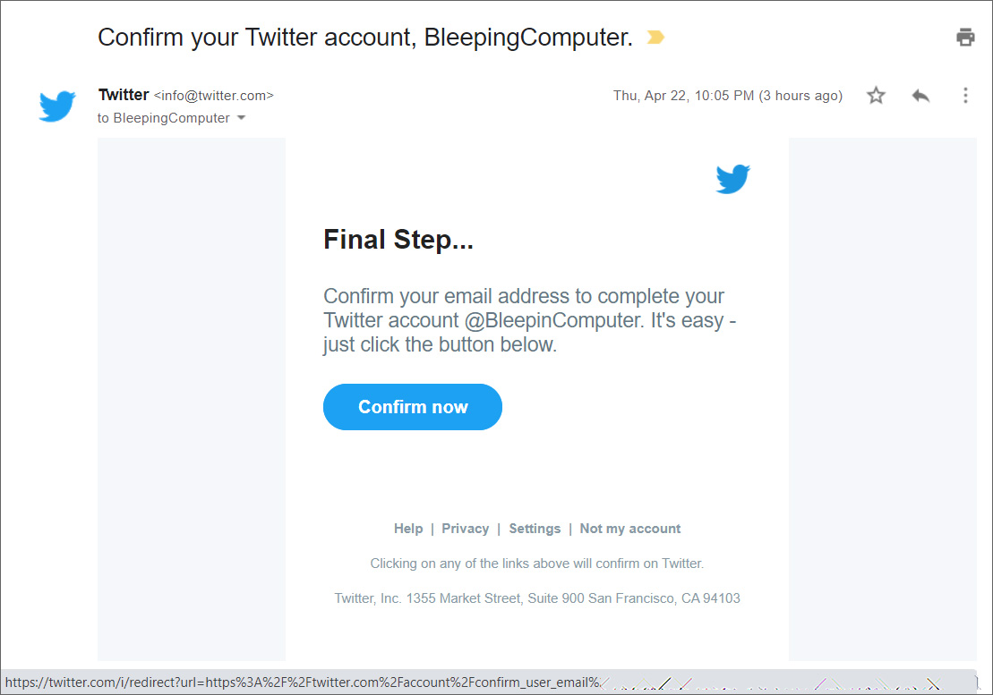 Suspicious Twitter account confirmation email sent Thursday night