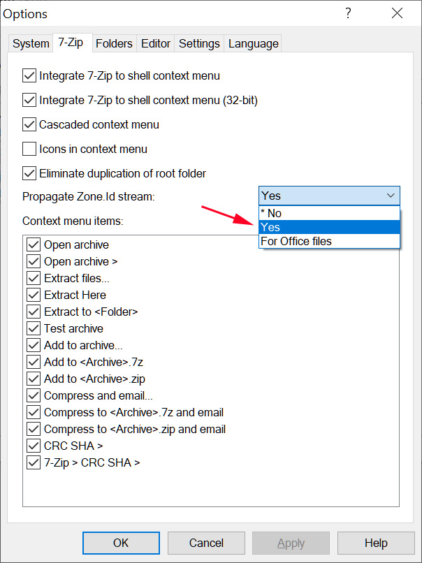 Nueva transmisión Zone.Id de propagación en 7-Zip