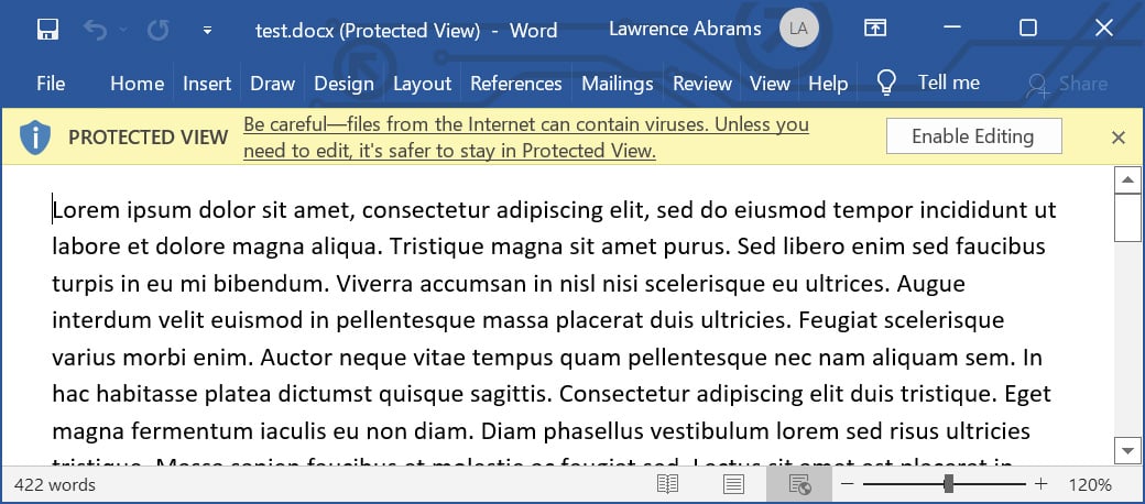 Word document opened in Protected View