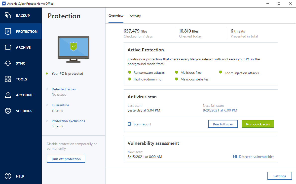 Acronis Cyber Protect Home Office 2021 Build.39703 Multilingual Protection-dashboard