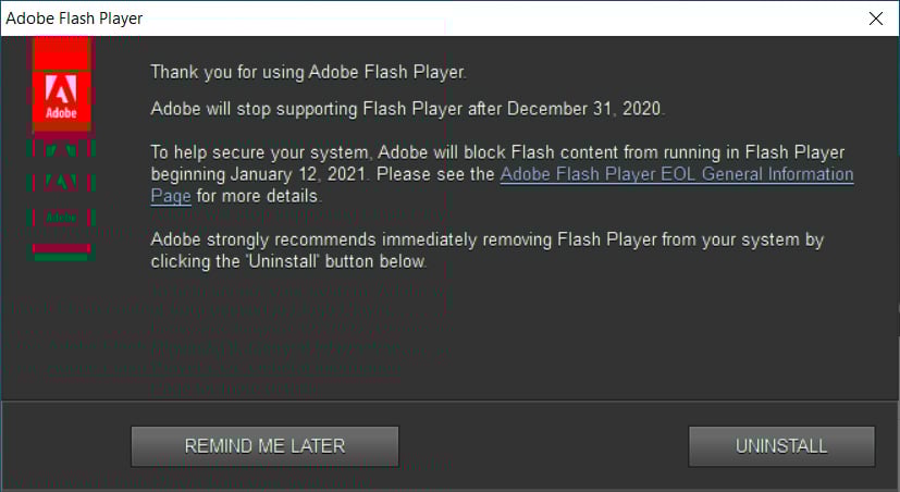 Adobe Flash Player alert shown in Windows 10