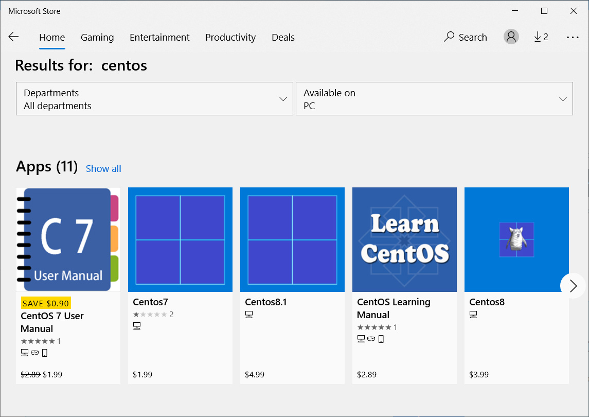 Microsoft Store paid-for Centos distributions