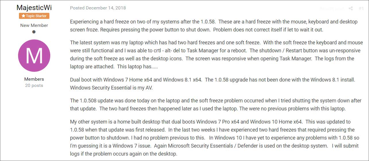 Forum post about freezing Windows 7 PC