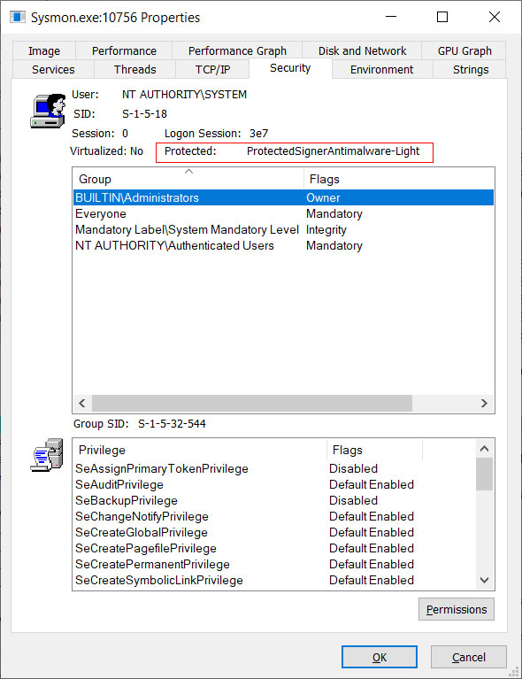 Sysmon running as a PPL process