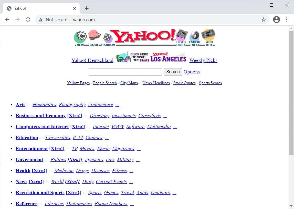 The first popular search engine, Yahoo.com, in 1996