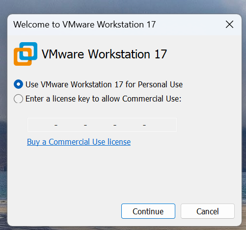 Selecting a license in VMware Workstation install