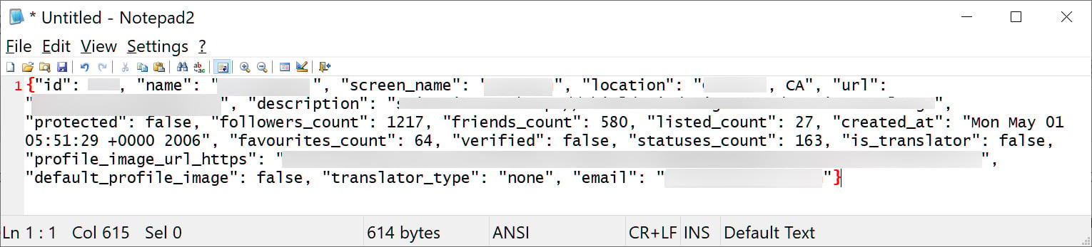 A redacted example of one of a leaked Twitter user record