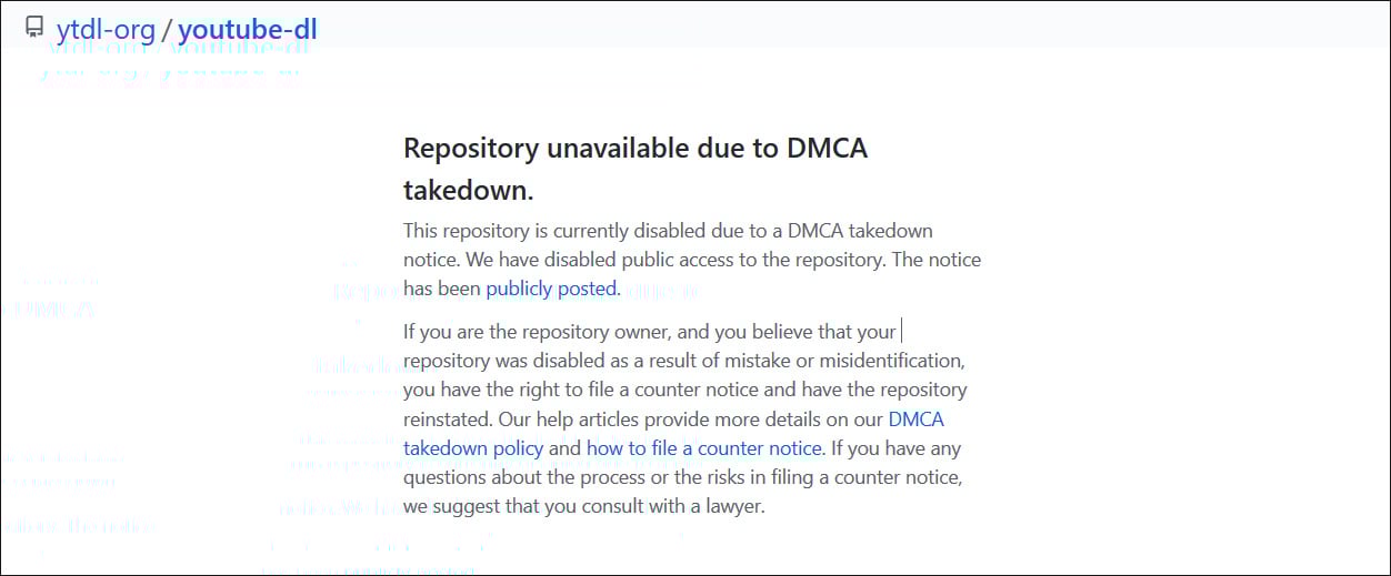 Notice shown to users trying to download YouTube-dl