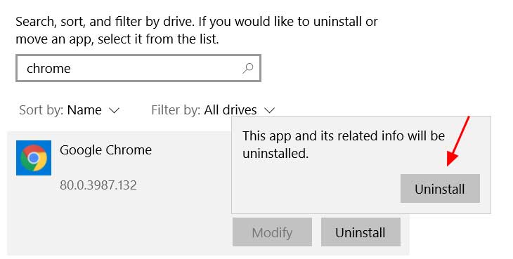 Confirm you wish to uninstall Google Chrome