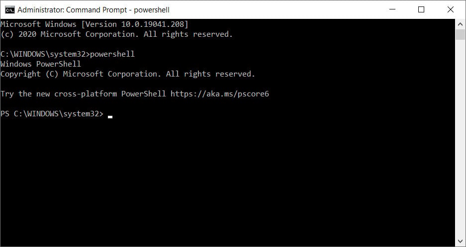 PowerShell launched from an elevated command prompt