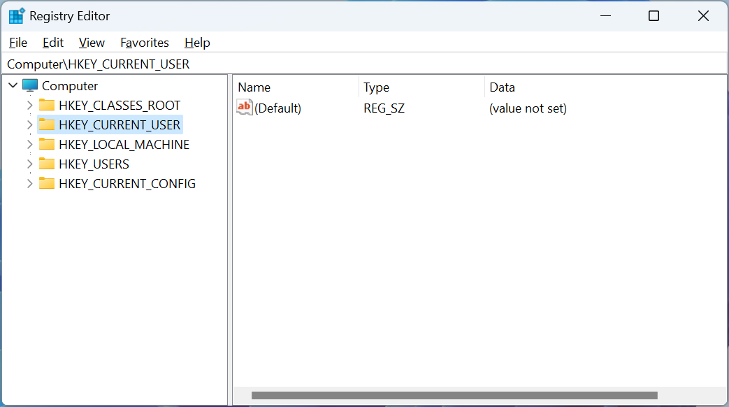 Editor Registri Windows menunjukkan lima kunci root