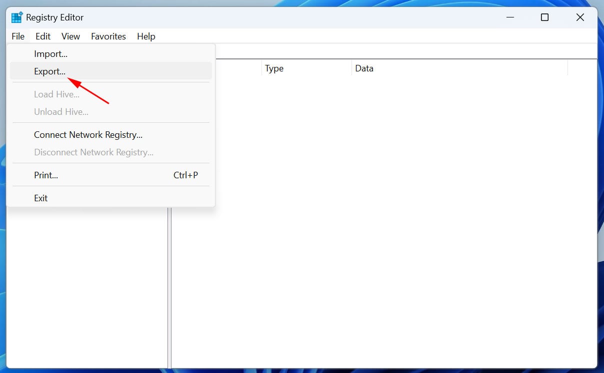 Select the Export option in the Windows Registry Editor