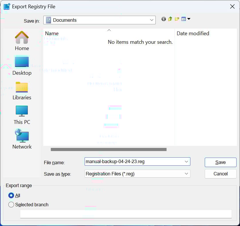 Backup the Windows Registry to a file