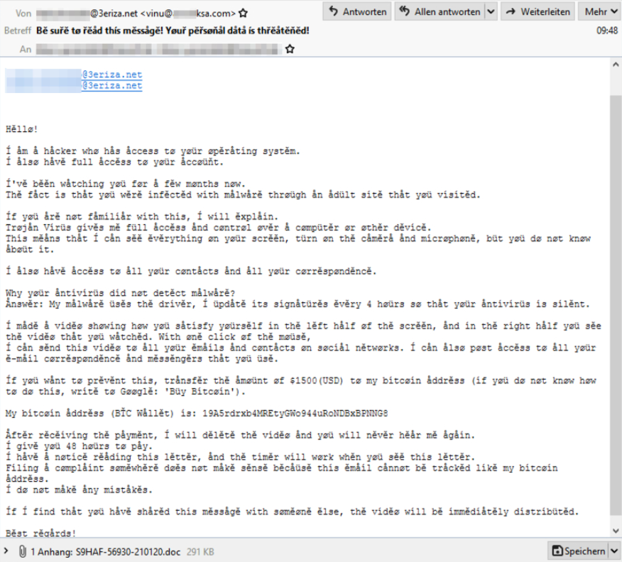 Emotet sextortion email sample