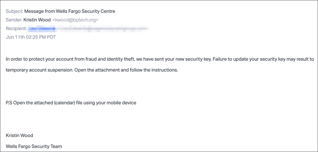 Wells Fargo phishing email sample