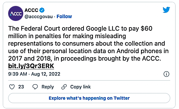 ACCC Google fine tweet