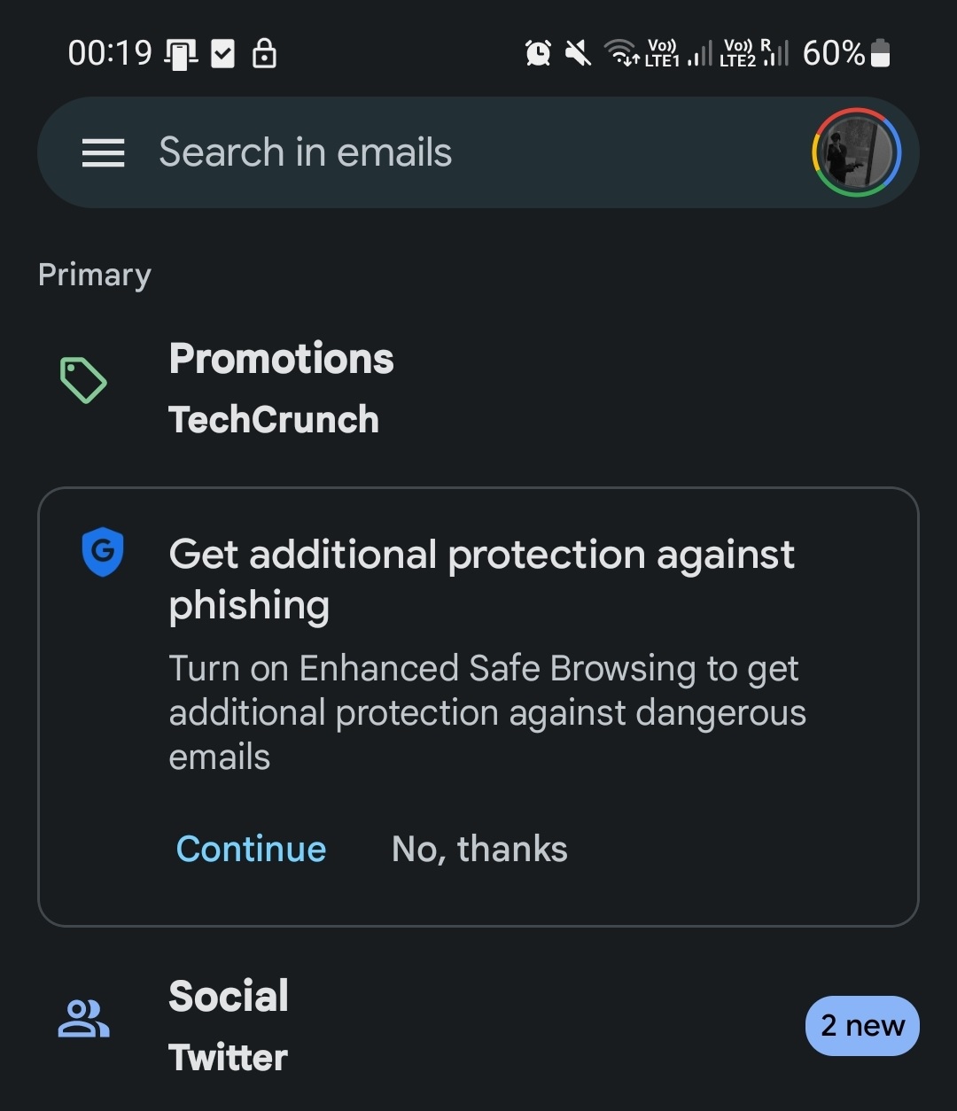 Gmail's Enhanced Safe Browsing alerts on Android