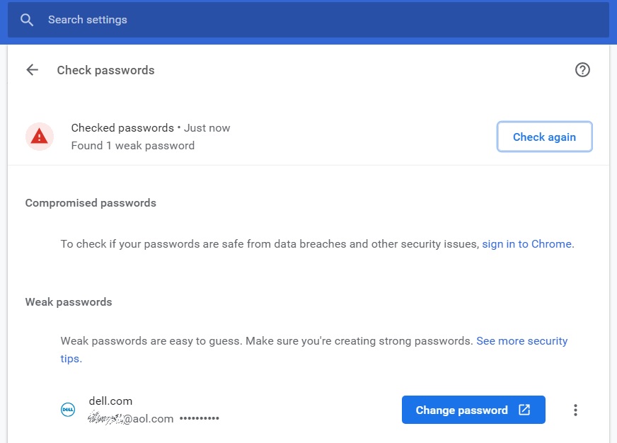 Safety check showing weak passwords