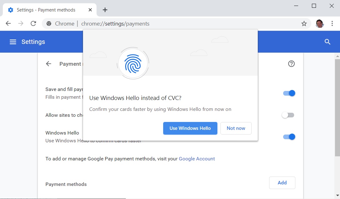 Use Windows Hello instead of CVC - Google Chrome Community