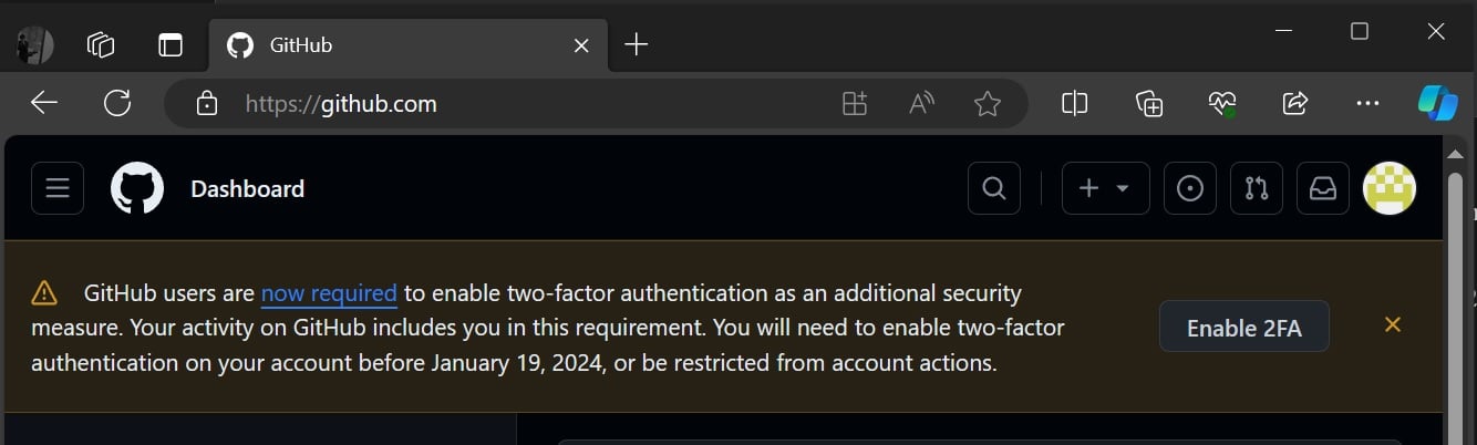 Github alerting users about upcoming 2FA requirement