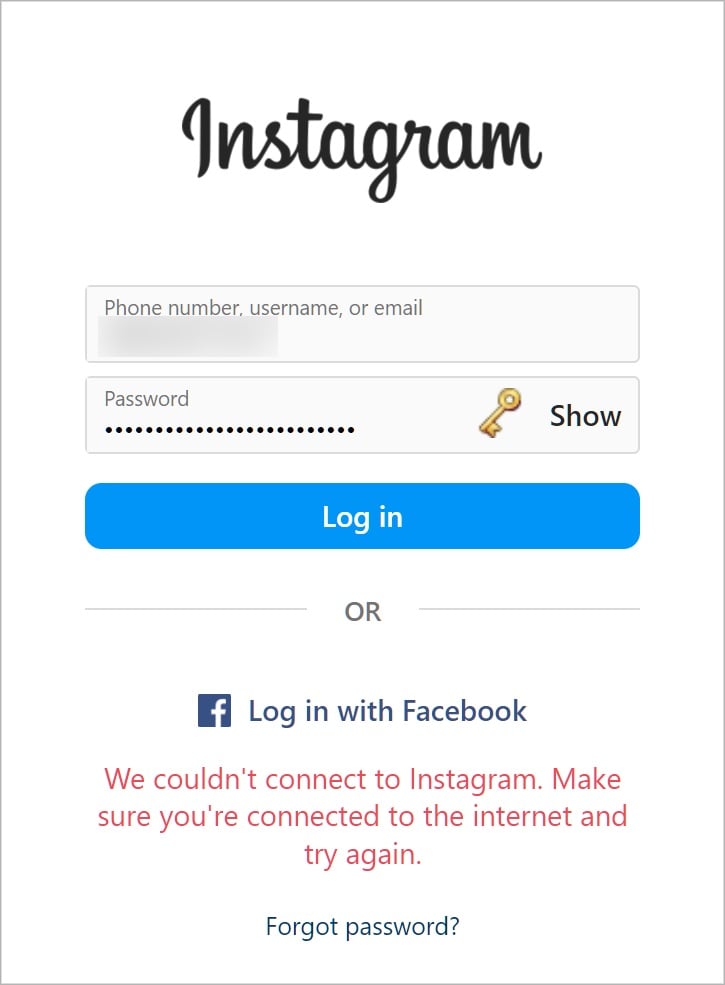 Instagram fails to connect.