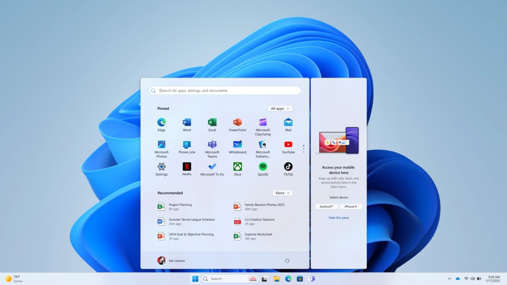 Phone Link in Start menu