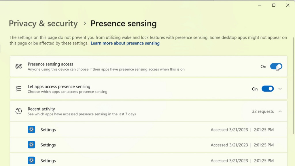 New presence detection settings in Windows 11